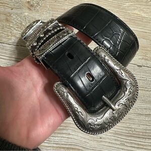 Nocona Belt Co. Black Leather Western Embellished Bling and Silver Belt Sz S